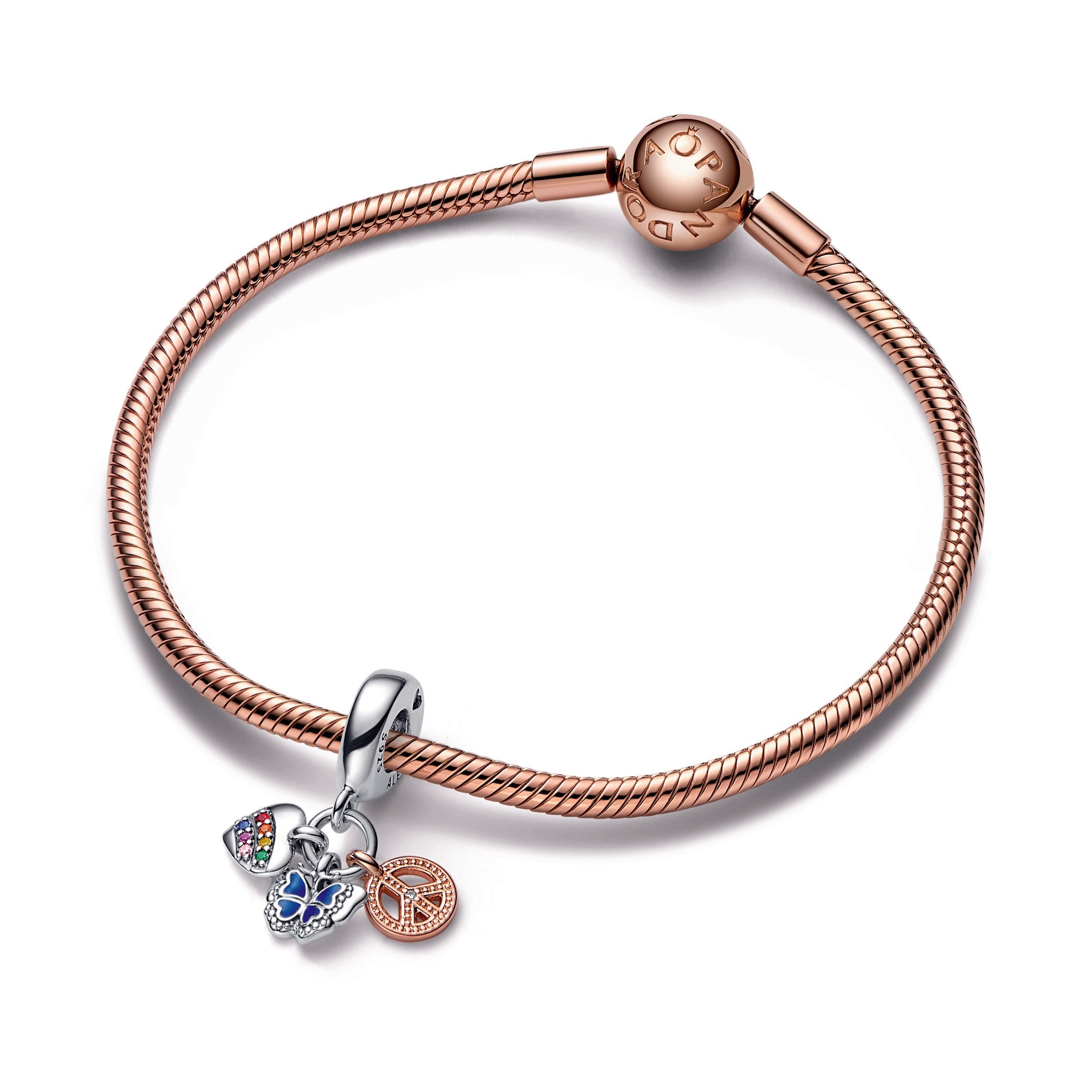 Two-Tone Rainbow Heart, Butterfly & Peace Triple Dangle Charm