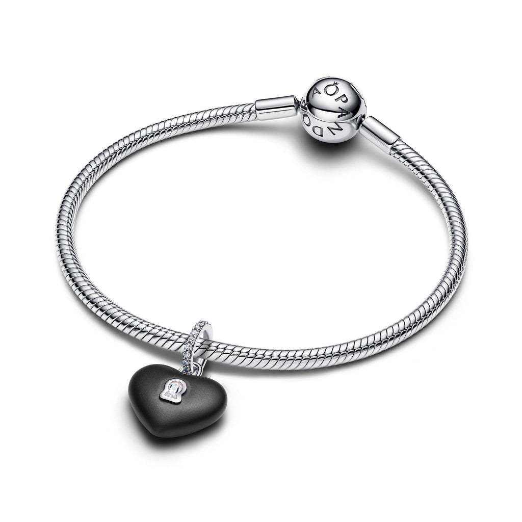 Matte Black Ceramic Heart Padlock Dangle Charm