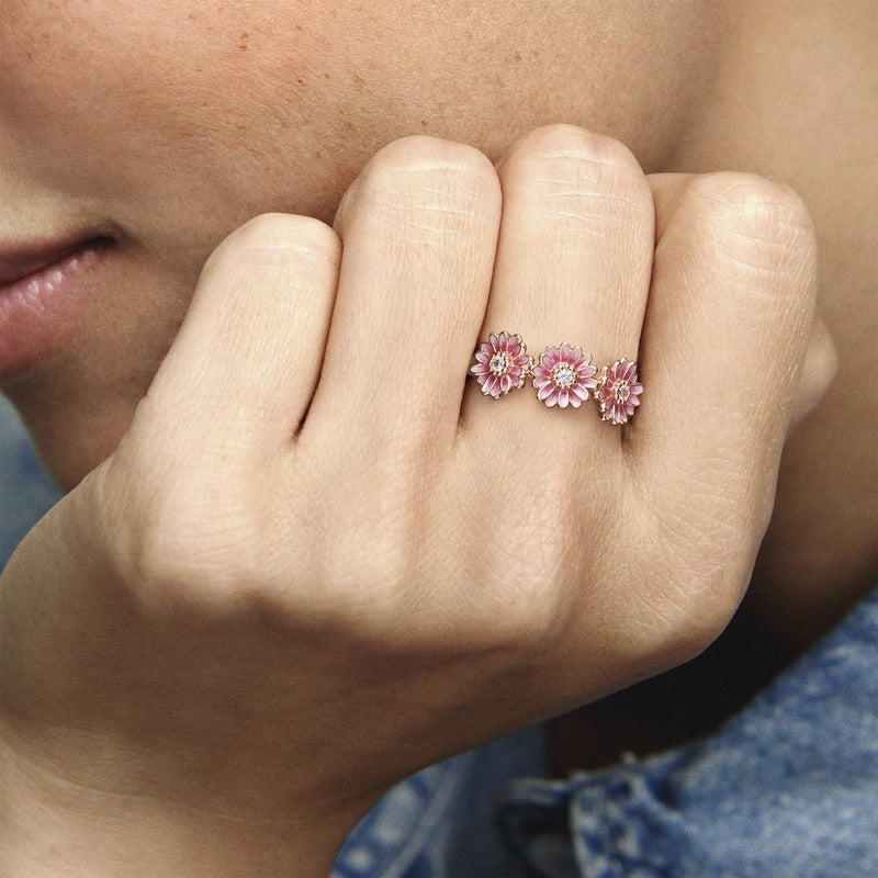 Pink Daisy Flower Trio Ring